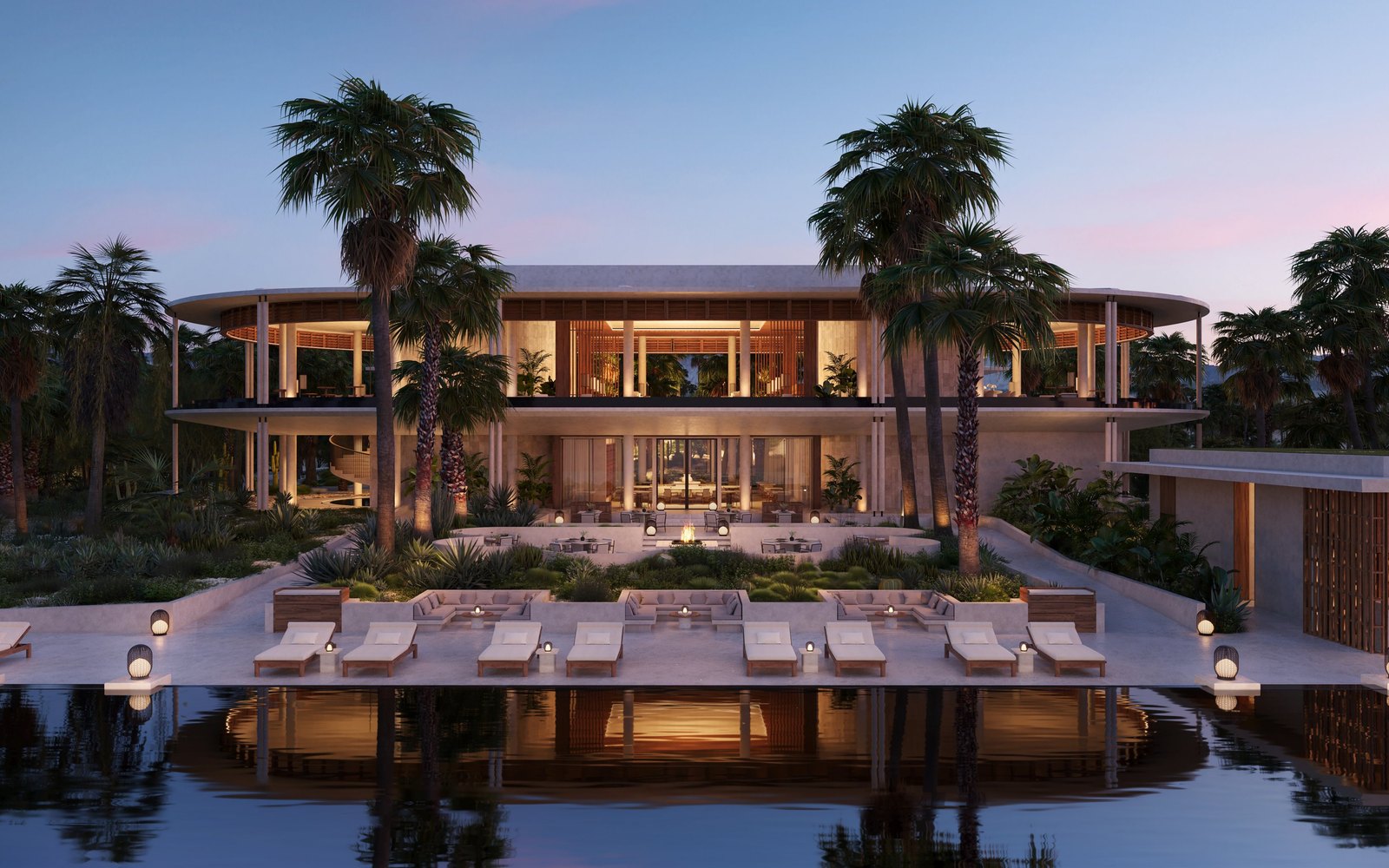Editorial illustration of a desert resort with private pools on the Baja coast