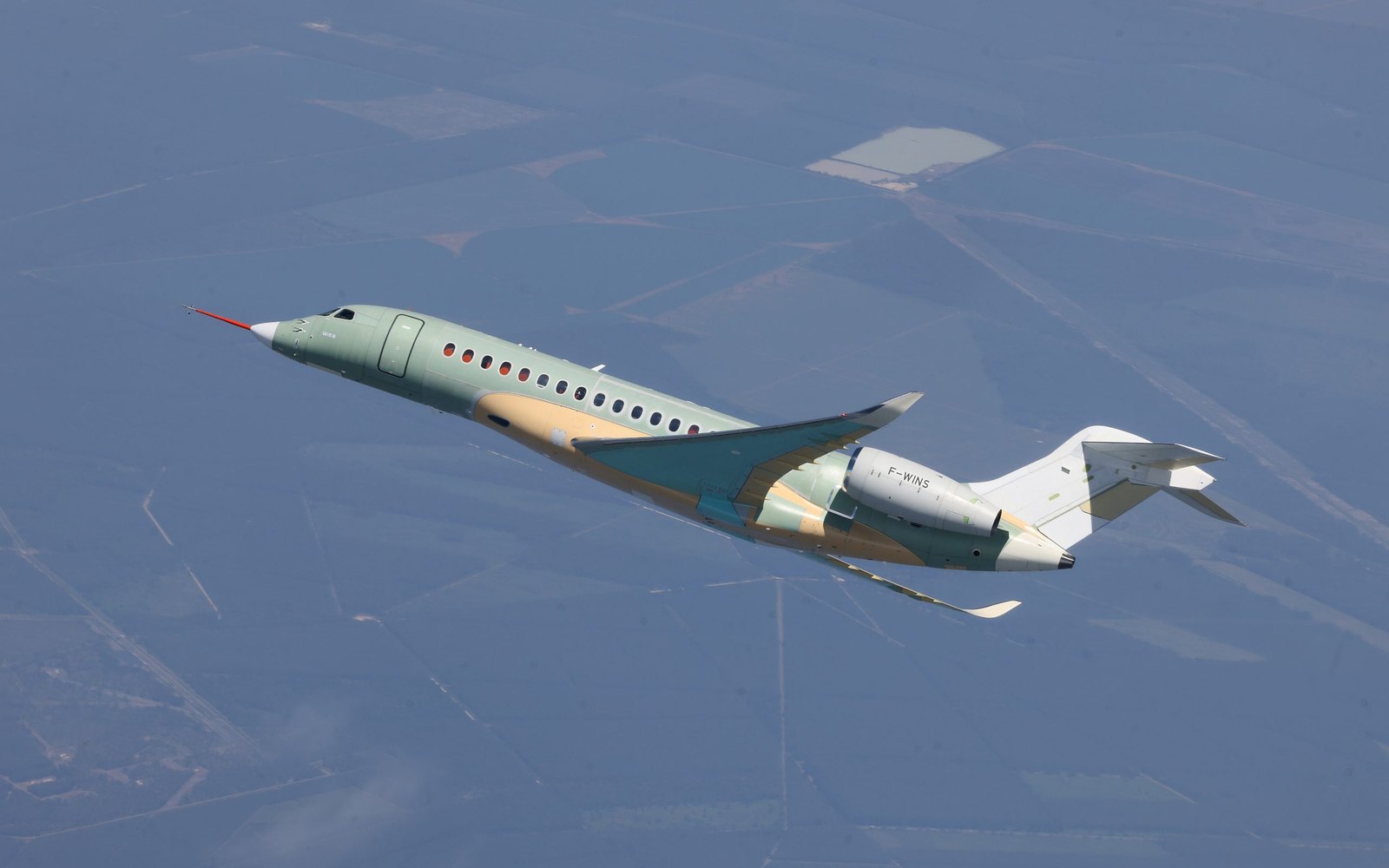 Editorial illustration of a twin-engine business jet on its maiden flight